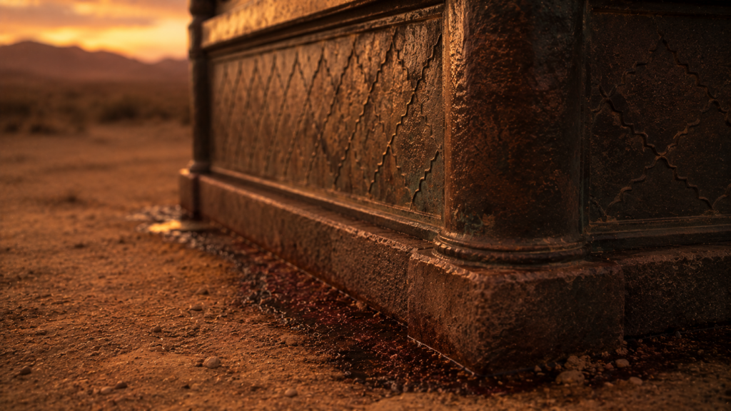 The base of a bronze altar at dusk with suggested fluid in the dust, evoking the blood theology of Leviticus 17:11