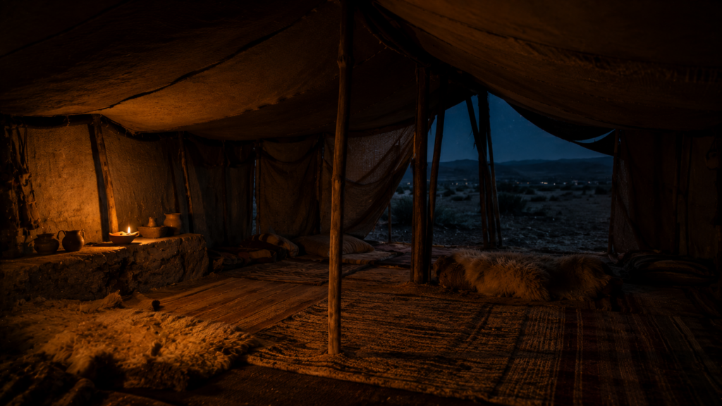 A household tent interior at dusk with a single lamp, evoking the family-interior concern of Leviticus 18