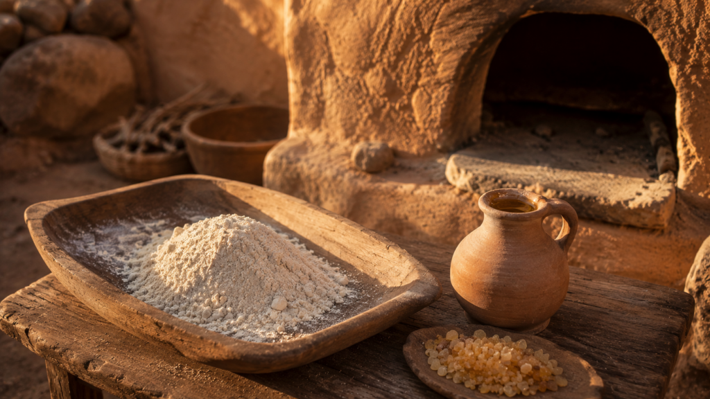 Fine wheat flour, olive oil, and frankincense on a wooden surface beside a clay oven, evoking the minchah grain offering of Leviticus 2