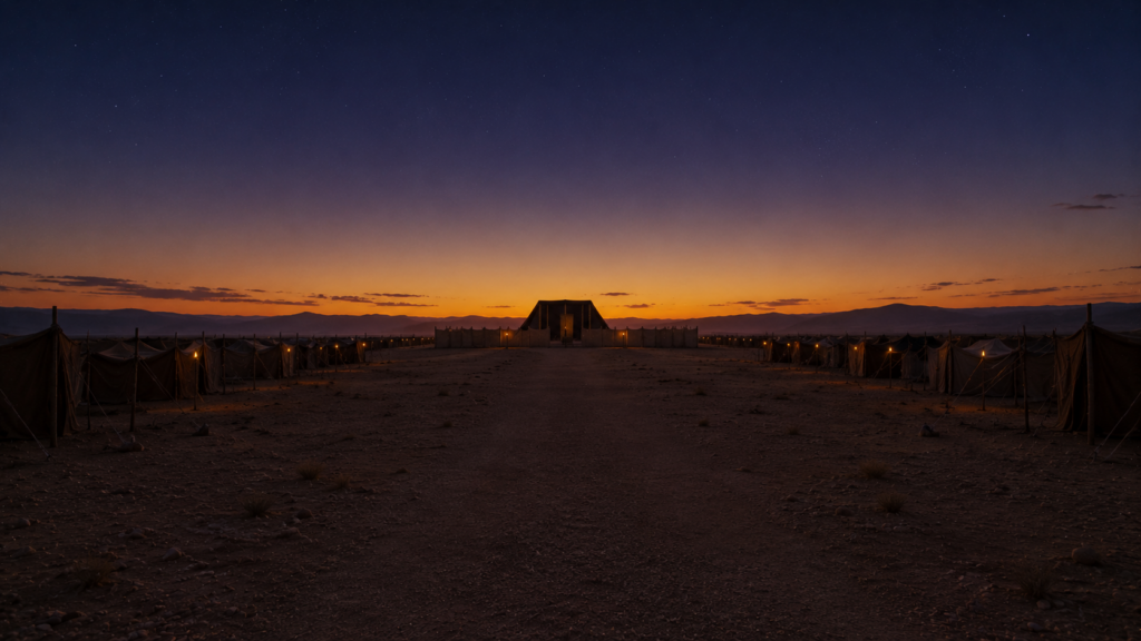A path through a camp at twilight leading toward the tabernacle, evoking the separation theme of Leviticus 20:26