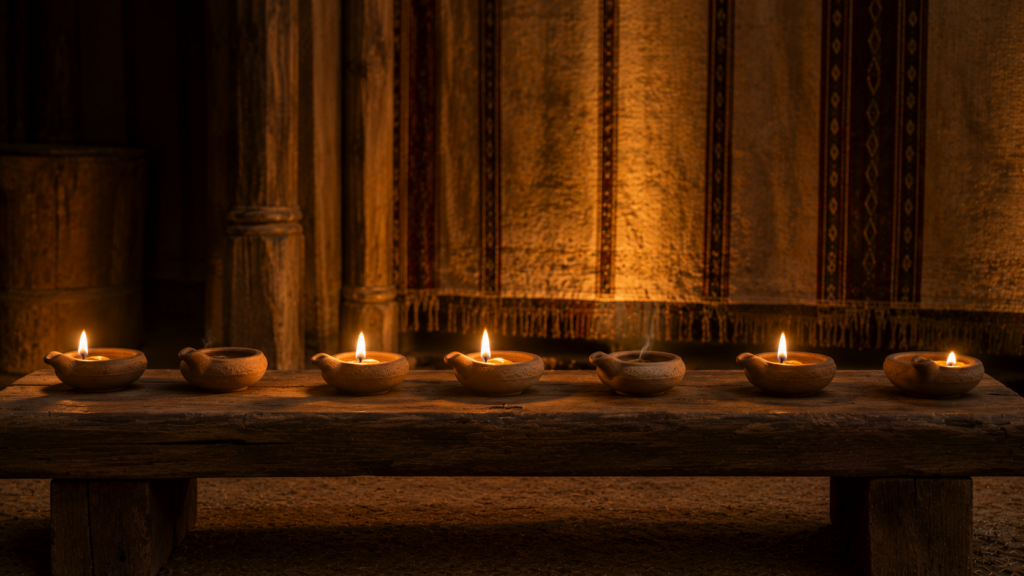 Seven clay oil lamps in a horizontal arrangement, evoking the seven major appointed times of Leviticus 23