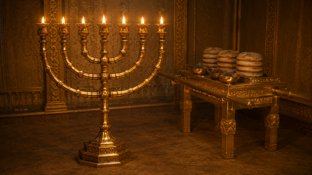 The golden menorah with the showbread table behind, evoking the tabernacle interior at Leviticus 24