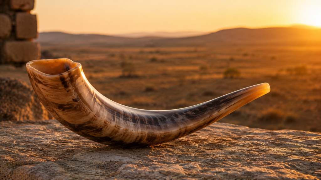 A ram's horn shofar on a stone ledge with an open field beyond, evoking the Jubilee announcement of Leviticus 25:9-10