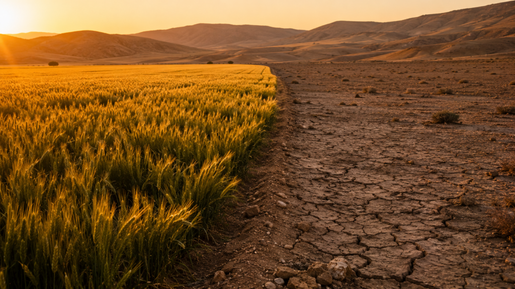 A divided landscape of verdant field and parched wilderness, evoking the blessings and curses of Leviticus 26