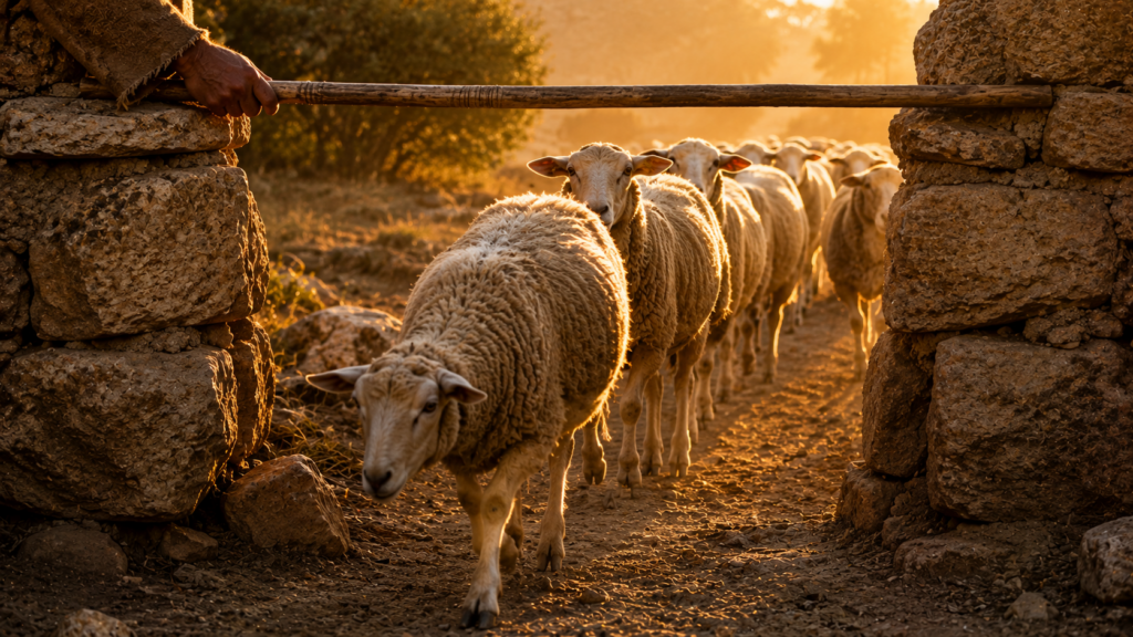 A flock passing through a narrow gate with a tenth animal marked, evoking the tithe of Leviticus 27:32