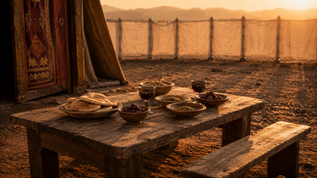 A table set with bread and wine at the threshold of the tabernacle courtyard, evoking the shelamim peace offering meal