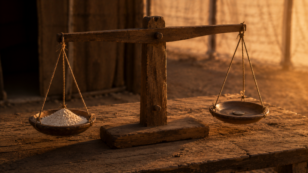 A wooden balance scale with flour and a silver shekel, evoking the graduated offerings and reparation of Leviticus 5