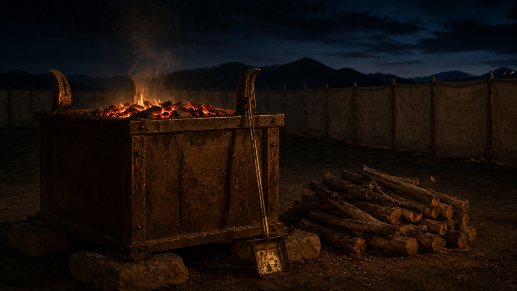 A bronze altar fire burning through the night with a brass shovel, evoking the esh tamid perpetual fire of Leviticus 6