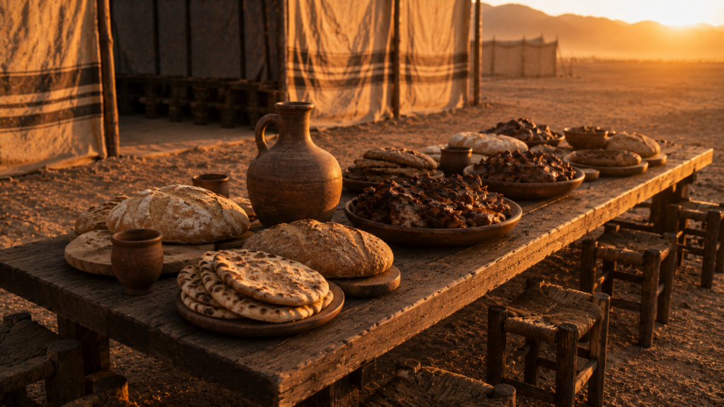 A long table set with bread, wine, and roasted meat for the todah thanksgiving feast
