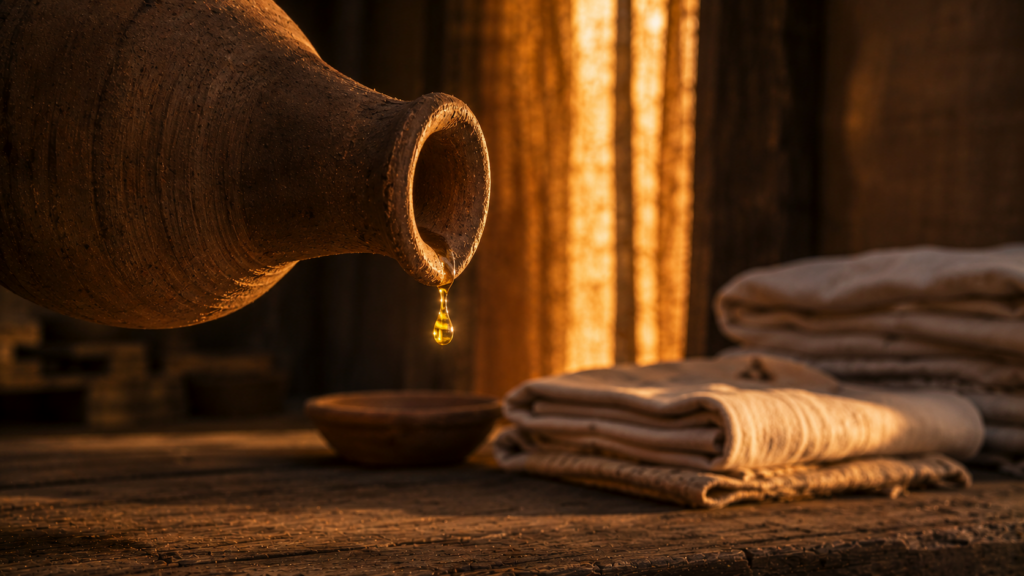 A clay flask of olive oil with a hanging droplet, evoking the anointing of Aaron at Leviticus 8:12