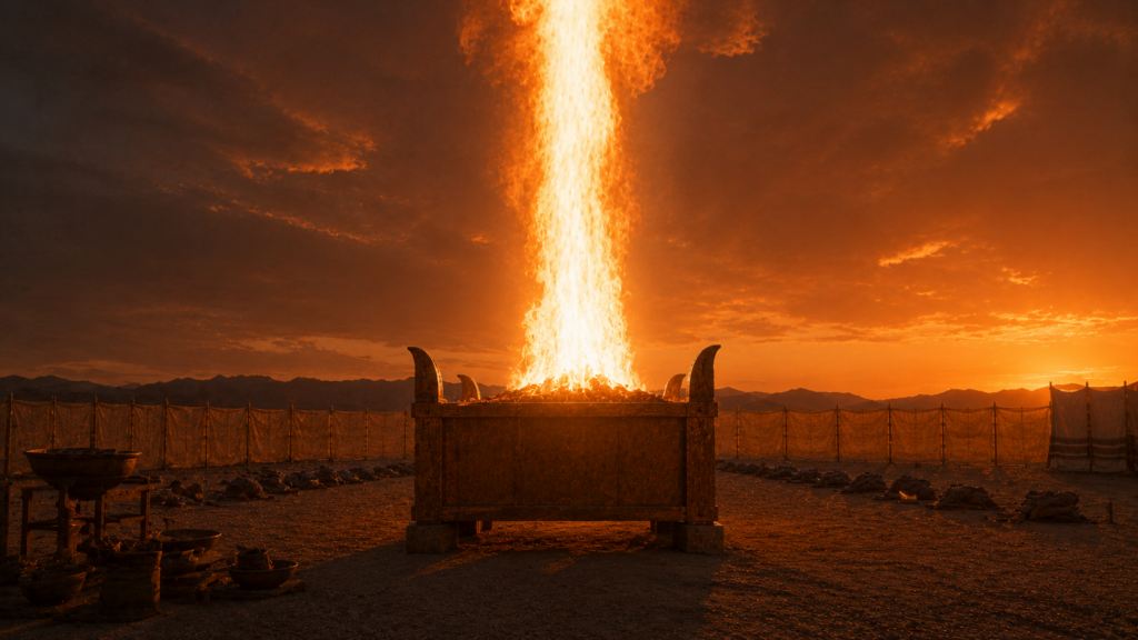 A bronze altar with a brilliant column of flame, evoking the fire from before YHWH at Leviticus 9:24