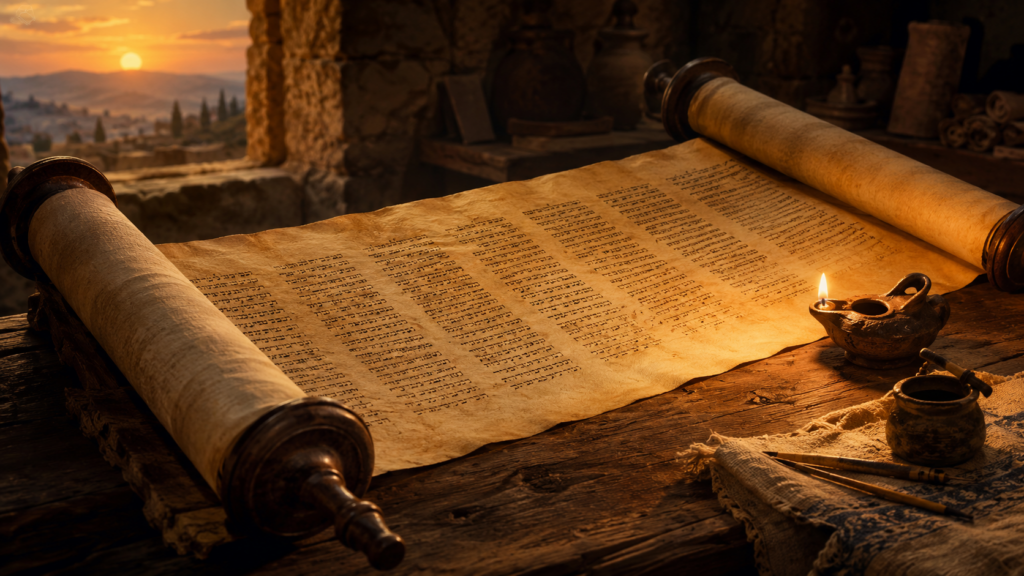 An ancient parchment scroll partially unrolled on a low table with warm lamp light, evoking the genealogy of Jesus in Matthew 1