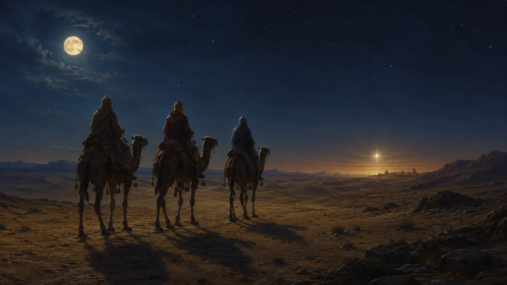 Three robed figures on camels crossing a moonlit desert with a bright star on the horizon, evoking the magi's journey to find the newborn Messiah in Matthew 2