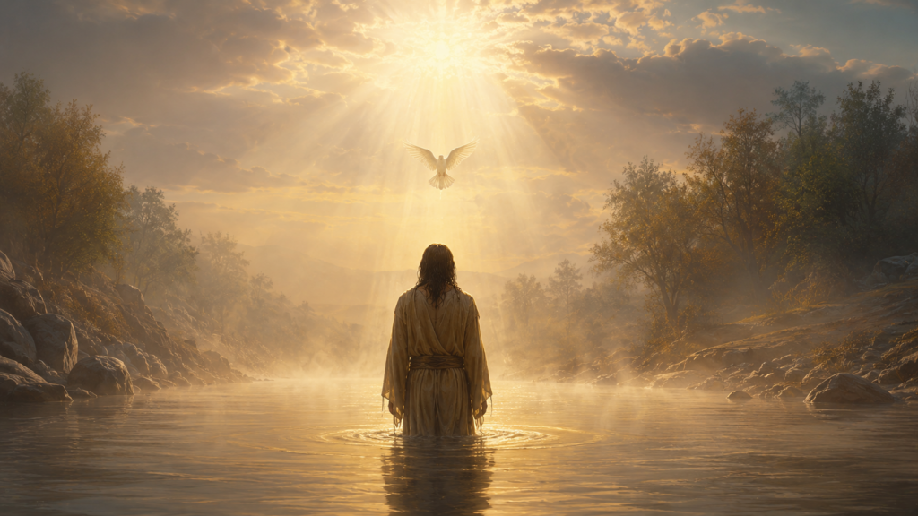 A figure standing in a calm river at dawn with a bright shaft of light from above and a white dove descending, evoking the baptism of Jesus in Matthew 3