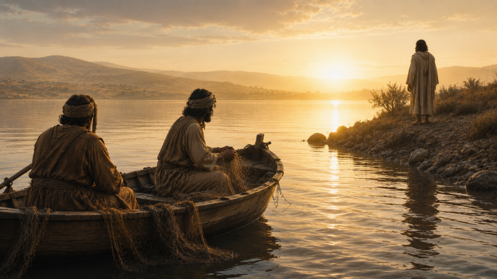 Two figures on a small fishing boat at dawn turning toward a third figure on the shore, evoking the calling of Peter, Andrew, James, and John in Matthew 4