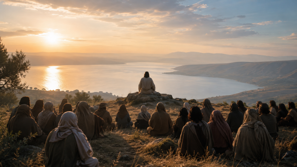A figure seated on a hillside above the Sea of Galilee at golden hour with disciples gathered before him, evoking the opening of the Sermon on the Mount in Matthew 5