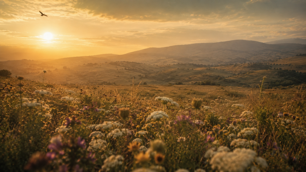 A Galilean meadow at golden hour with wildflowers in the foreground and a single bird crossing the sky, evoking Jesus's teaching to consider the birds and the lilies in Matthew 6
