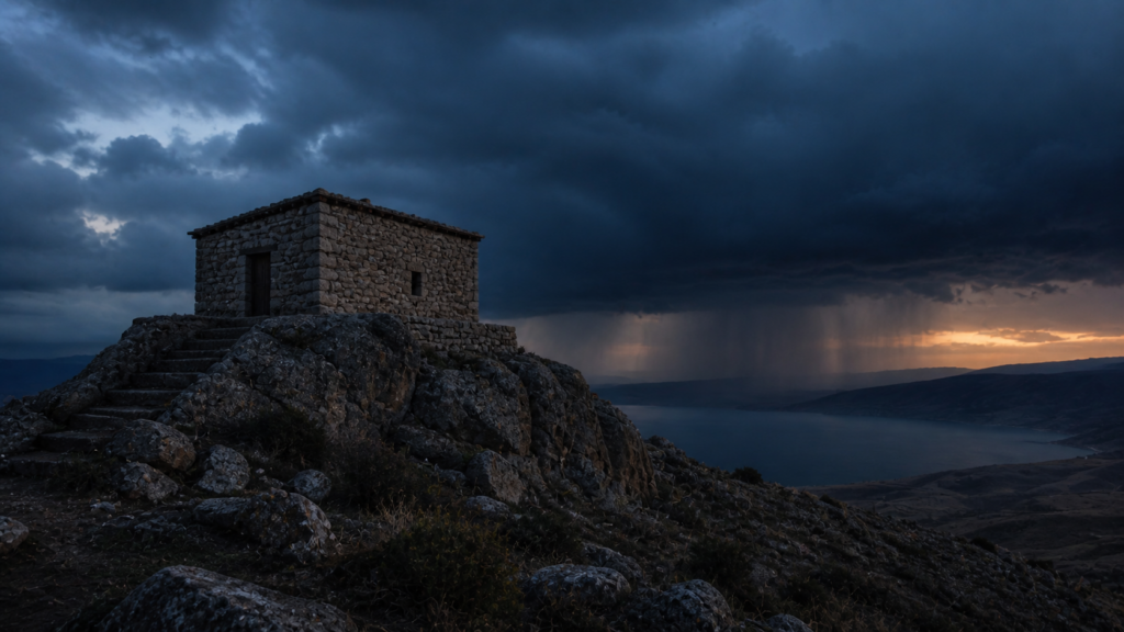 A small stone house on a rocky outcropping at dusk with storm clouds gathering, evoking the wise builder of Matthew 7