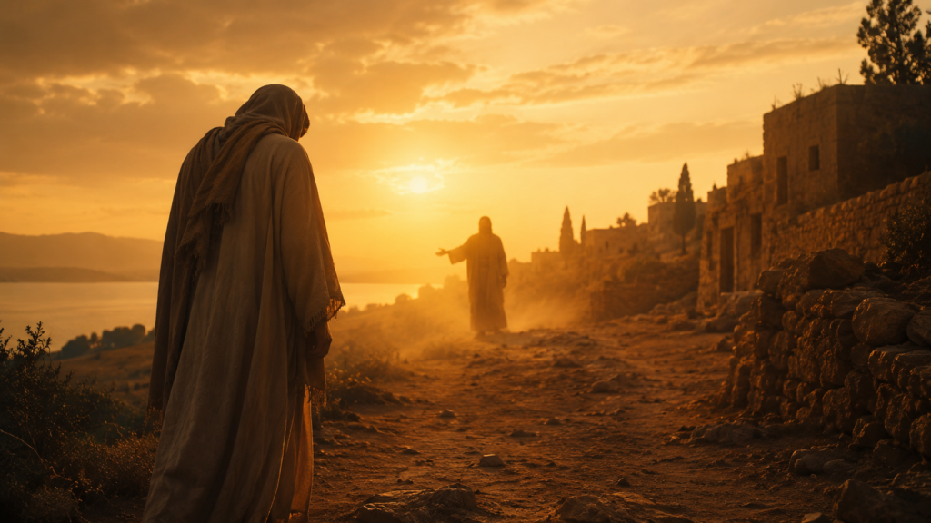 A figure standing at the edge of a Galilean village at golden hour with another figure reaching toward him, evoking the cleansing of the leper in Matthew 8