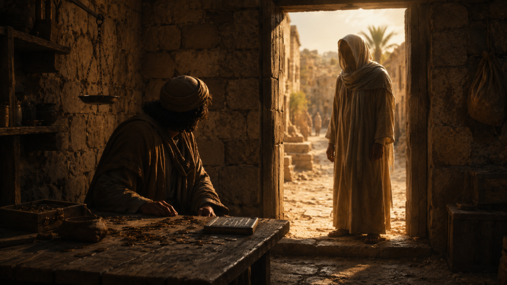 A first-century stone tax collection booth with a seated figure at the table looking up toward another figure in the doorway, evoking the call of Matthew the tax collector in Matthew 9