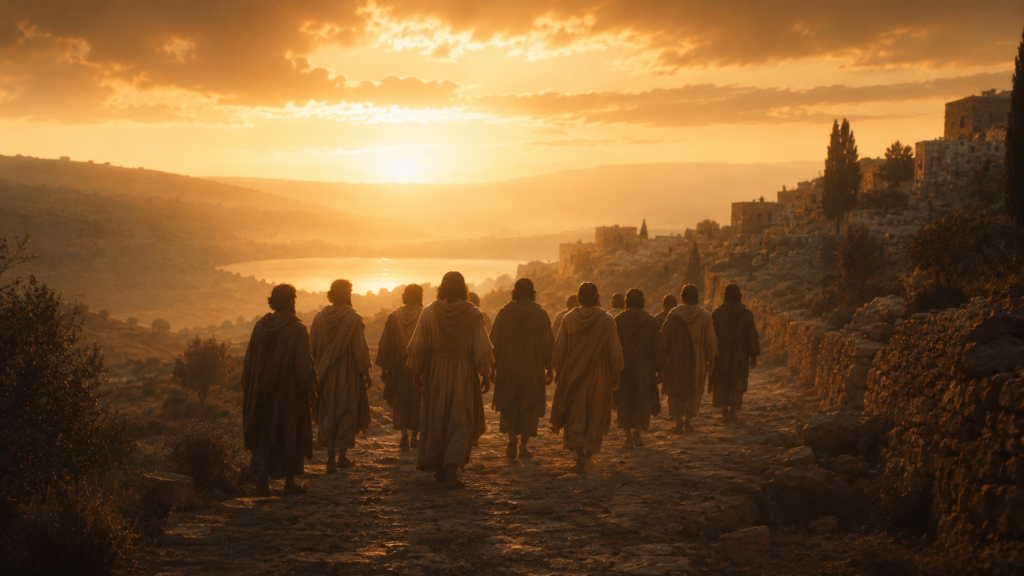 Twelve robed travelers walking together along a stone road away from a Galilean village at dawn, evoking the missionary discourse in Matthew 10
