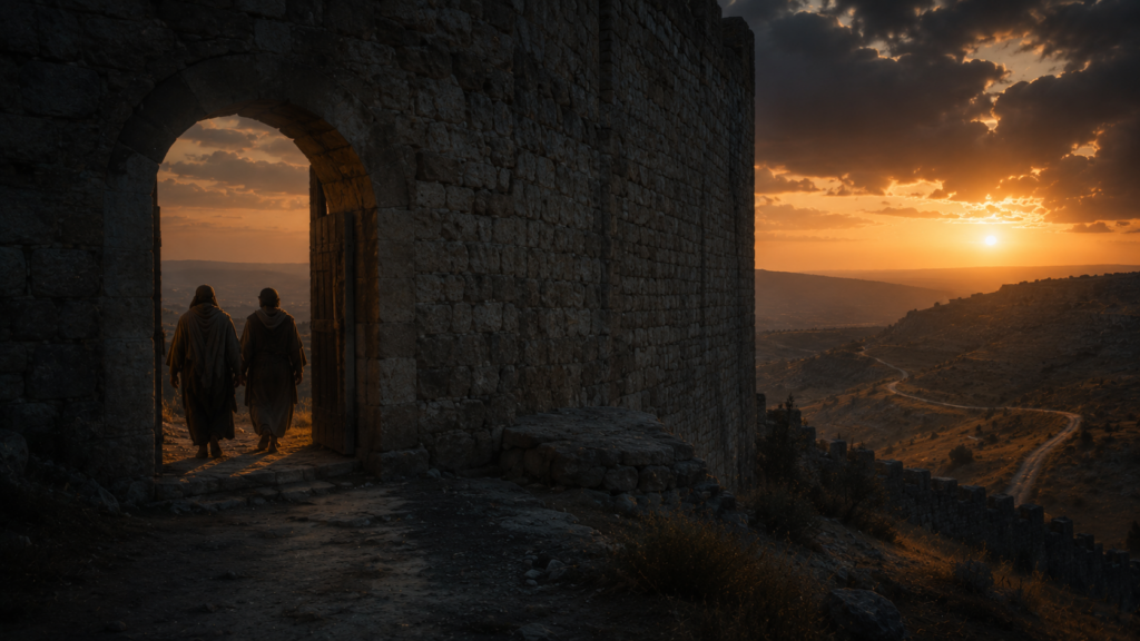 Two robed figures walking out from a stone fortress at dusk along a barren hillside road, evoking John the Baptist's messengers in Matthew 11