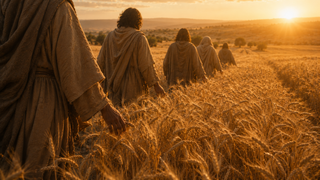 A Galilean wheat field at golden hour with robed figures walking through the standing grain, evoking the Sabbath grain-fields scene in Matthew 12