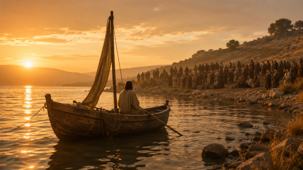 A first-century fishing boat anchored close to a Galilean lakeshore at golden hour with a seated figure in the boat and a crowd silhouetted on the shore, evoking Jesus teaching the parables in Matthew 13