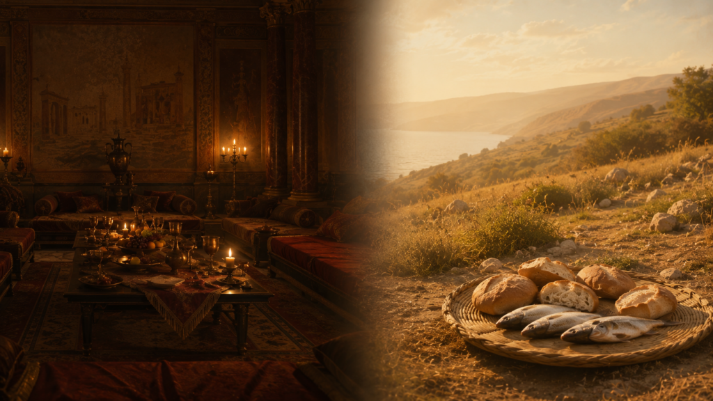 A split-frame composition showing a Roman triclinium banquet and a hillside wilderness meal of bread and fish, evoking the contrast between Herod's banquet and Jesus's feeding of the 5,000 in Matthew 14