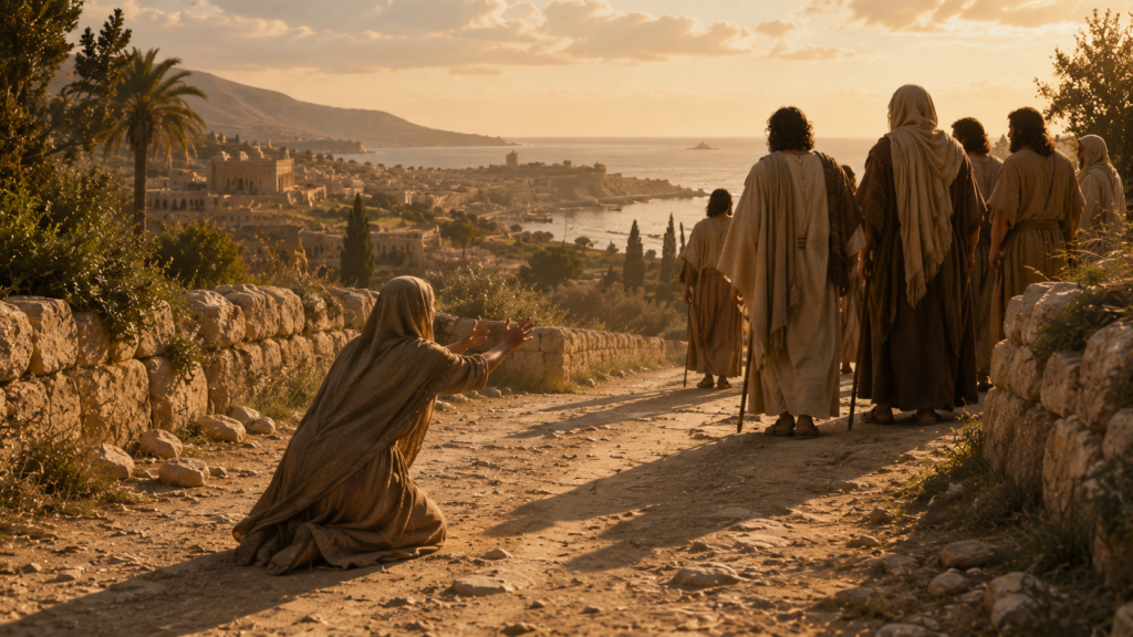 A robed woman kneeling on a dusty road outside a coastal Phoenician city with a small group of travelers stopped nearby, evoking the Canaanite woman in Matthew 15