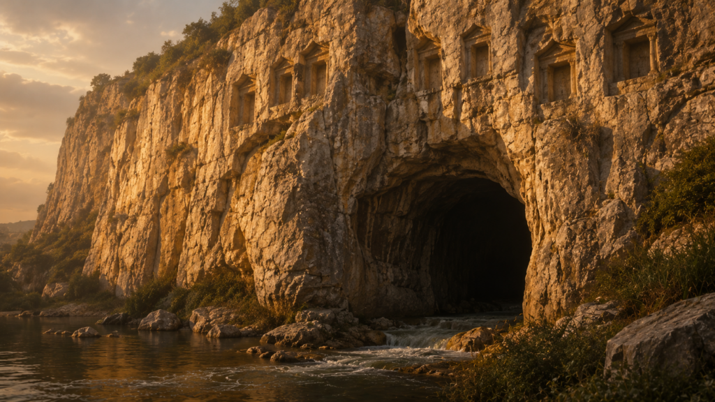 A tall pale rock cliff face at golden hour with a deep dark cave-mouth at the base and weathered niche indentations above, evoking the Caesarea Philippi setting of Peter's confession in Matthew 16