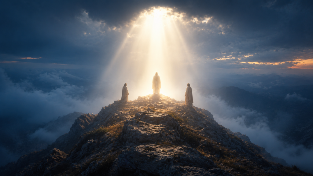 A high mountain ridge at dawn with a bright shaft of light from above breaking through clouds onto a single figure with two further figures at a distance, evoking the Transfiguration in Matthew 17