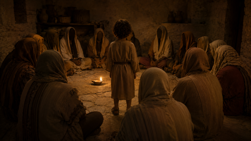 A small child standing at the center of a circle of seated robed figures in a stone room with warm lamp light, evoking the kingdom's child-shape in Matthew 18