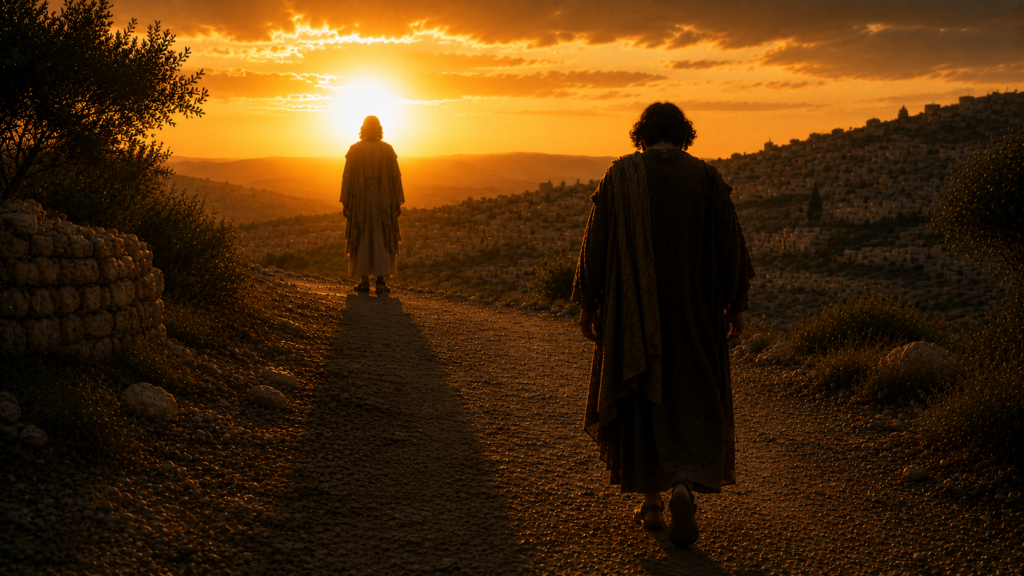 A young man's silhouetted figure walking away down a dusty road at golden hour with another figure watching from the middle distance, evoking the rich young ruler in Matthew 19