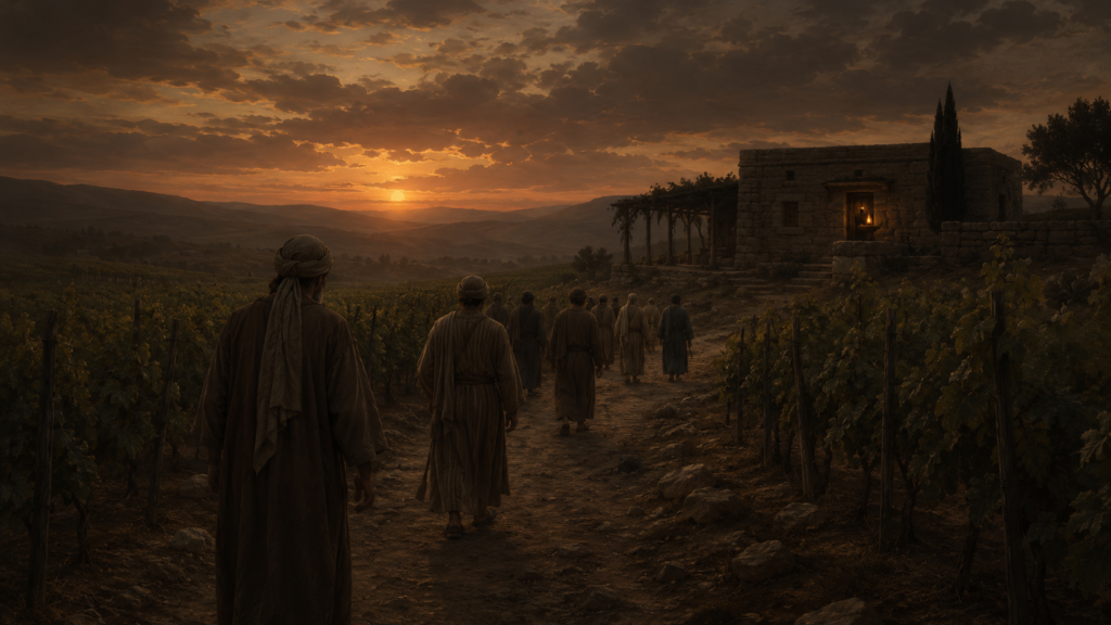 A Galilean vineyard at dusk with robed figures walking toward a low stone building with a single lamp in the window, evoking the workers-in-the-vineyard parable in Matthew 20
