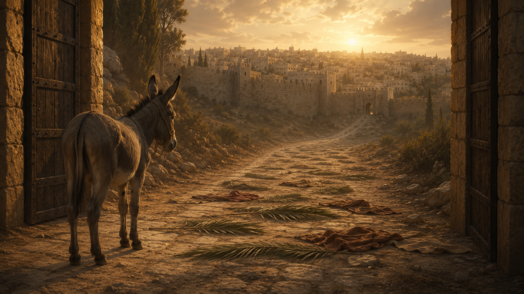 A young donkey standing alone on a stone road outside a city gate at morning with cloaks and palm branches scattered on the road ahead, evoking the triumphal entry in Matthew 21