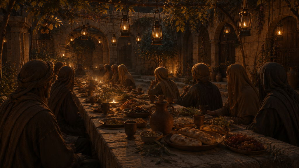 A long stone banquet table set in an open courtyard at evening with hanging oil lamps and robed figures gathered around it, evoking the wedding-banquet parable in Matthew 22