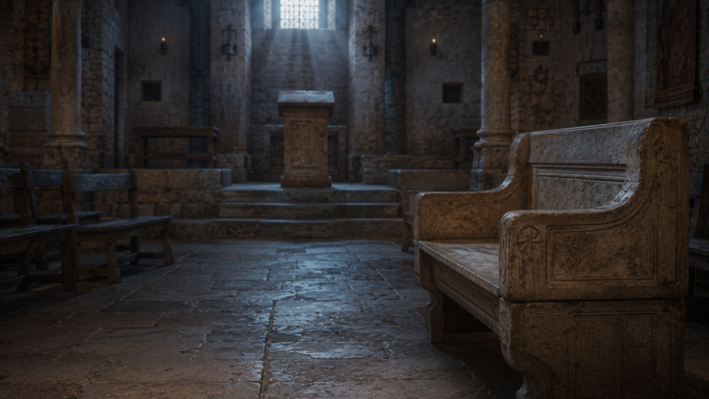 An empty stone bench at the front of a first-century synagogue receding into shadow with cool light from a high window, evoking the Moses' seat in Matthew 23