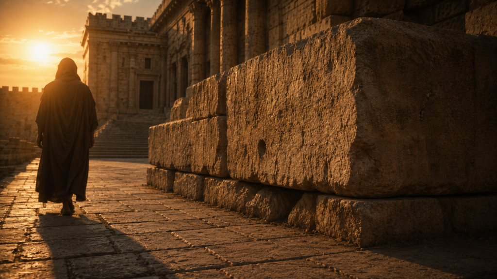 Massive ashlar stone blocks of a temple platform at morning sun with a robed figure's silhouette walking past, evoking the temple-prediction in Matthew 24