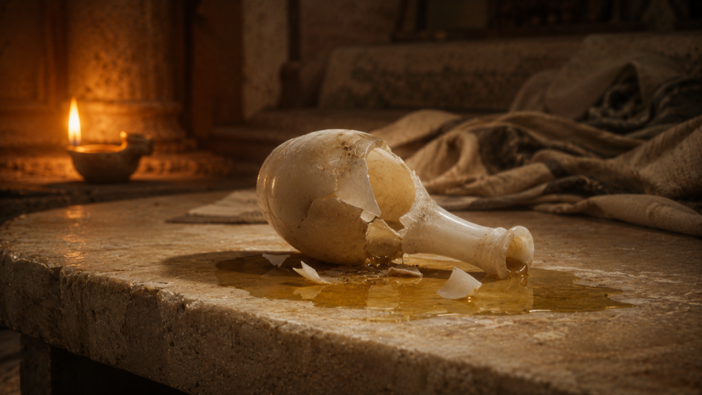 A broken white alabaster flask on a stone table with ointment pooled around it and warm lamp light in the background, evoking the anointing at Bethany in Matthew 26