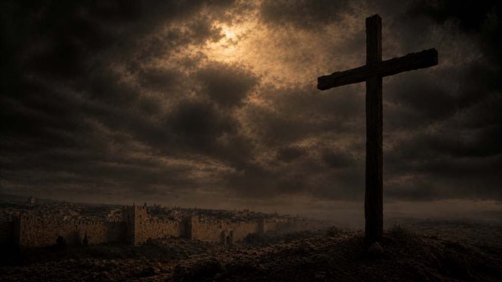 A rough wooden cross silhouetted against an unnaturally darkened midday sky over a hill outside a city wall, evoking the crucifixion and sky-darkness in Matthew 27