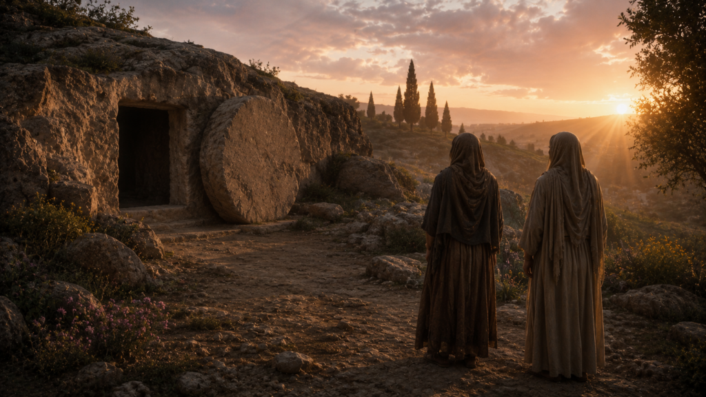 An open rock-cut tomb with the stone rolled aside at dawn with two robed figures standing at a distance, evoking the resurrection morning in Matthew 28