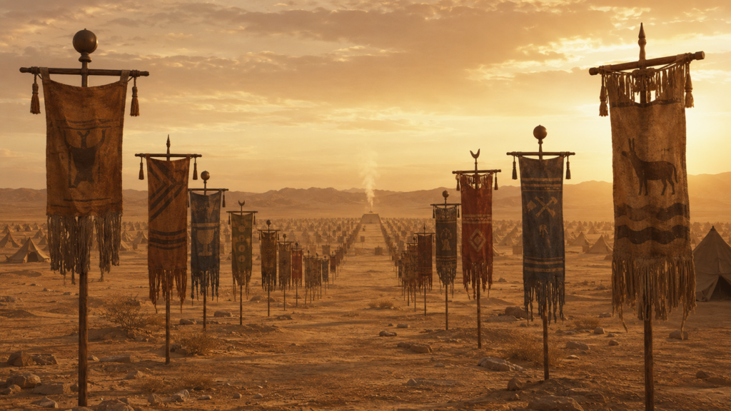 Tribal standards planted in the desert before a great encampment at dawn, evoking the census of Numbers 1