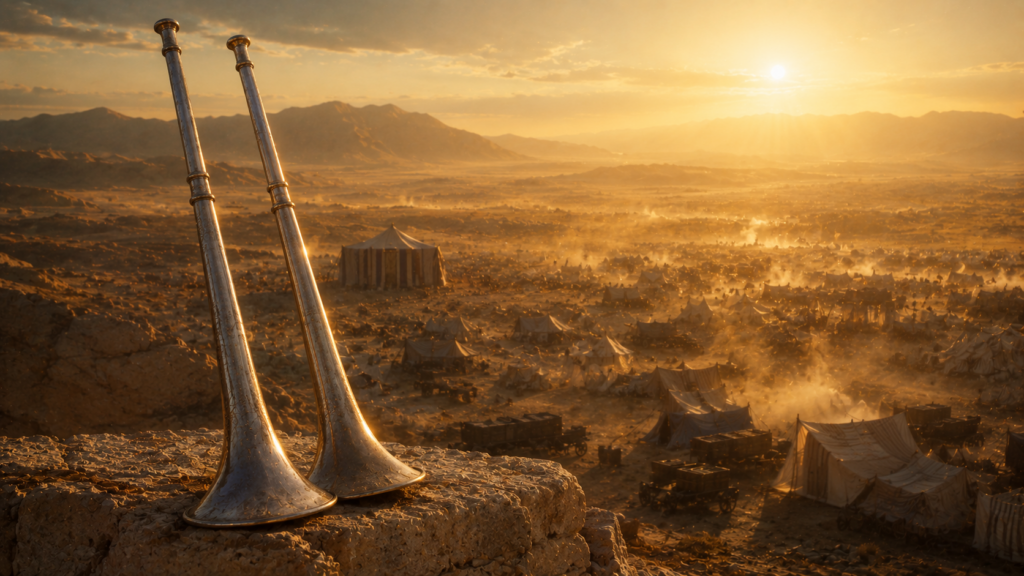 Two silver trumpets in dawn light before a camp setting out into the desert, evoking the departure from Sinai in Numbers 10