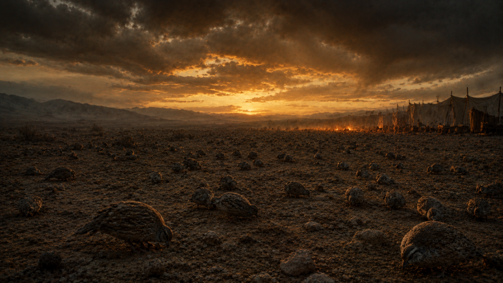 Quail settling at a desert camp's edge with fire glowing far off at dusk, evoking the craving and plague of Numbers 11