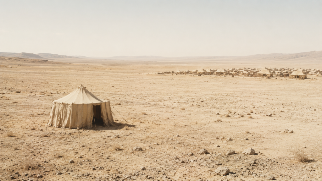 A solitary tent set apart from the camp in bleached desert, evoking Miriam outside the camp in Numbers 12