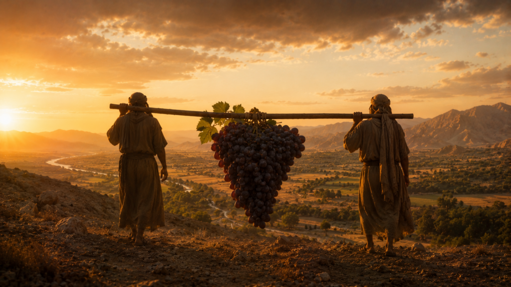A huge cluster of grapes slung on a pole carried between two figures across a ridge, evoking the spies at Eshcol in Numbers 13