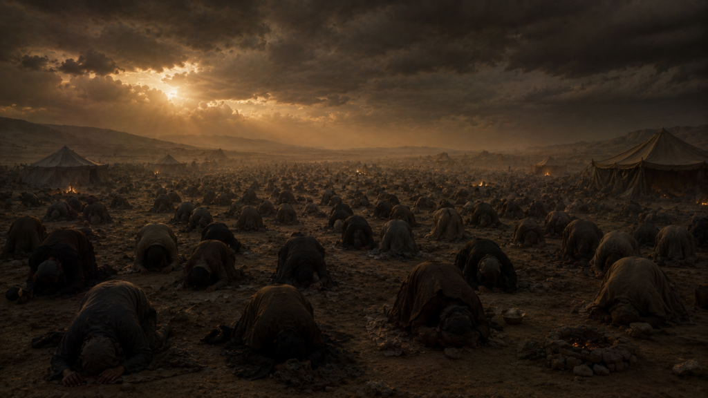 A crowd of bowed, weeping figures in a desert camp under a grey sky, evoking the refusal at Kadesh in Numbers 14