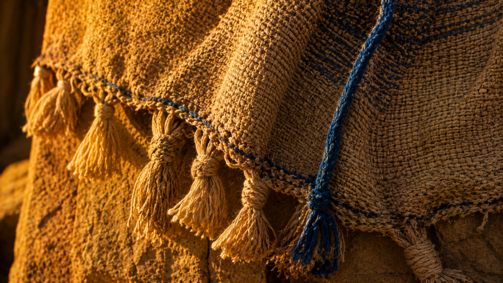 A garment corner with knotted tassels and a single blue cord, evoking the tzitzit of Numbers 15