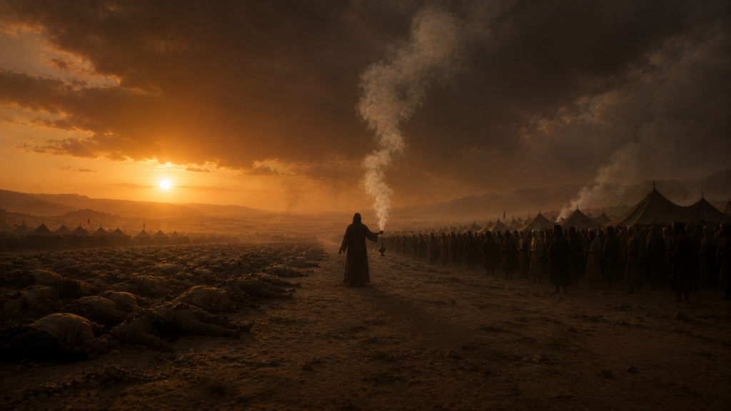 A lone figure with a smoking censer between a fallen crowd and a standing crowd at dusk, evoking Aaron in Numbers 16:48